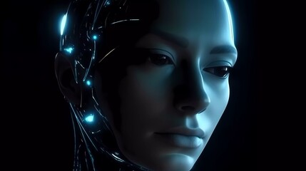 Artificial intelligence with face of a woman: Closeup of an Android with a female face on a dark background (Generative AI)