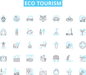 Eco tourism linear icons set. Sustainable, Wildlife, Adventure, Green, Preserve, Conservation, Nature line vector and concept signs. Ecological,Responsible,Biodiversity outline illustrations