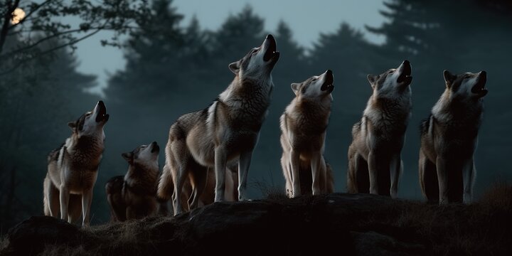 A pack of wolves howling at the moon, concept of Group behavior, created with Generative AI technology