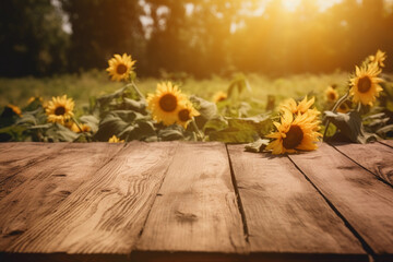 Summer field of sunflowers during sunset. blurred background with empty wooden table with free space for product display and mockup, copy space, small depth of field, ai generated – human enhanced