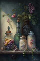 Enchanting Victorian Shelf with Jars and Bottles