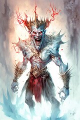 Frosty Monarch: A Watercolor Illustration of an Ice Demon King with Glowing Red Eyes and a Mischievous Laugh