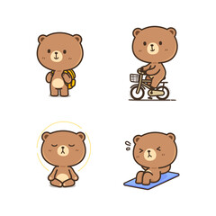 Set of cute and kawaii brown bear in many posture isolated vector
