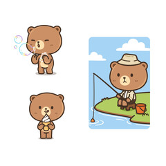 Set of cute and kawaii brown bear in many posture isolated vector