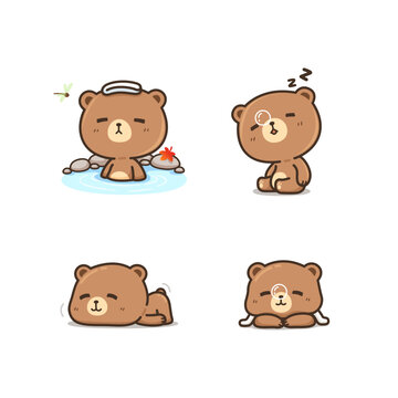 Set of cute and kawaii brown bear in many posture isolated vector