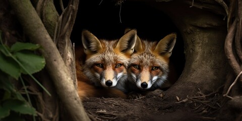 Obraz premium A pair of foxes snuggling together in a den beneath a tree, concept of Cuddling behavior in animals, created with Generative AI technology