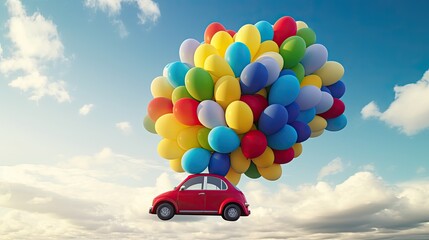 Car with attached multicolored balloons flies high in blue sky, new car as gift for holiday, fast traveling on car like aircraft, fast transportation delivery, generative AI