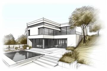 Architectural project exclusive detached house.. sketch of house. Generative AI - obrazy, fototapety, plakaty