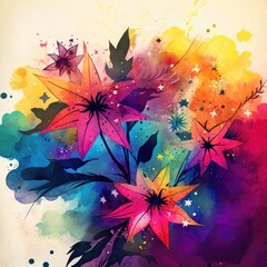 Vibrant Watercolor Blossoms and Celestial Shapes