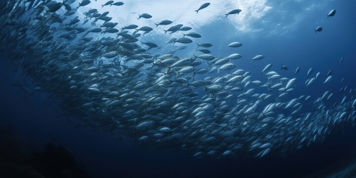 A school of flying fish leaping out of the water to escape predators, concept of Migration behavior, created with Generative AI technology