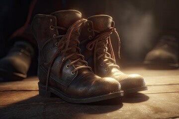 Leather old shoes on a wooden floor. The interior illuminated by the rays of the sun.