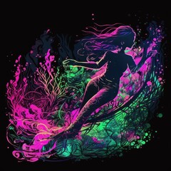 Neon Mermaid in Bioluminescent Waters