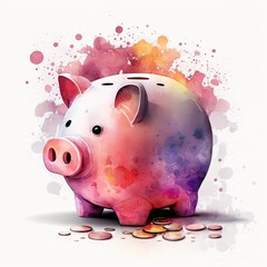 Pink Piggy Bank and Coins in Watercolor
