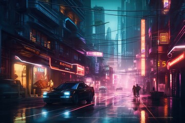 Illustration of the futuristic city cyberpunk. Empty street with bright neon lights and bright billboards. Beautiful night cityscape. - Generative AI