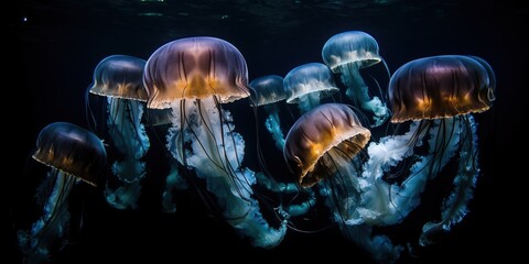 Obraz premium A school of jellyfish moving gracefully through the ocean currents, concept of Marine Ecosystem Dynamics, created with Generative AI technology
