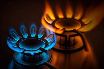 Flame gas nozzles on a stove on a dark background