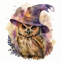Enchanted Owl - A detailed watercolor illustration of an owl wearing a witch hat, with a grunge effect. Clip art quality, resolution of 8k.