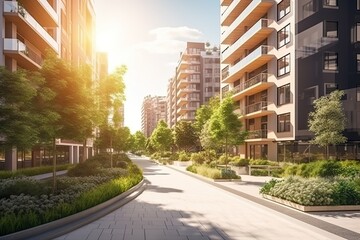 Obraz na płótnie Canvas Green street in downtown city. Housing estate road in sunbeam. Generative AI
