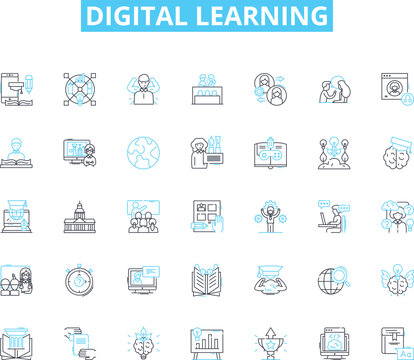 Digital learning linear icons set. E-learning, Online courses, Virtual classrooms, Distance education, Internet courses, Cyberlearning, Tech-based learning line vector and concept signs. Generative AI