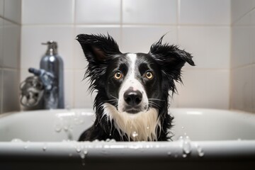 A happyborder collie dog puppy with foam on the head taking a bath in a swedish design bathtub - dog grooming concept
