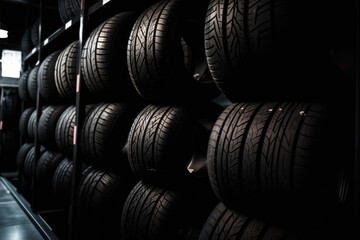 Obraz premium Various car tires organized on a warehouse shelf, providing customers with many options for their vehicles. AI Generative technology has captured this incredible scene.