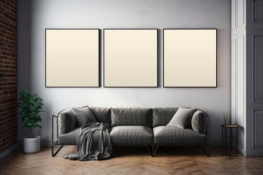 Room interior with three white mockup frames on the wall. Generative AI