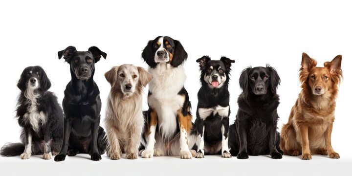 A group of different breed dogs isolated on white background - Generative AI