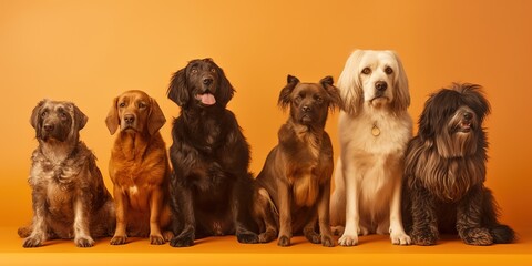 A group of different breed dogs isolated on orange background - Generative AI