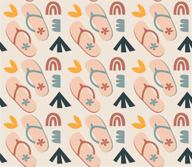 Summer seamless pattern with hand-drawn beach elements such as flip flops, palms, flowers, rainbow, waves, and sand. Fashion print design, vector illustration
