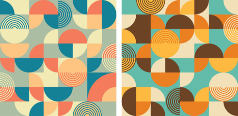 Set of two retro seamless pattern, 60s bauhaus abctract geometric backgrounds