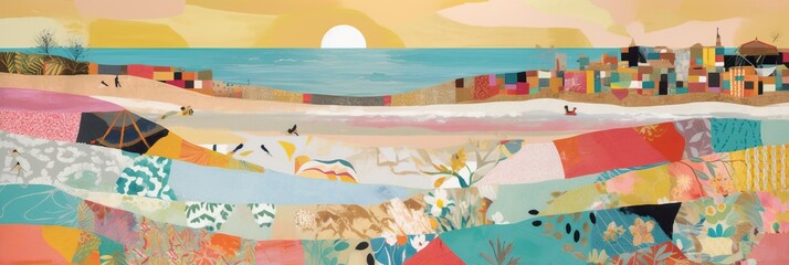 A vibrant, summery image inspired by the beach, with images of sand, sun, and surf all intermingling in a colorful collage, concept of Coastal Energy, created with Generative AI technology