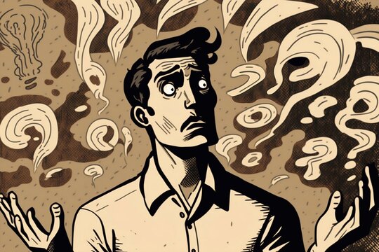 Illustration of a surprised man who has many questions