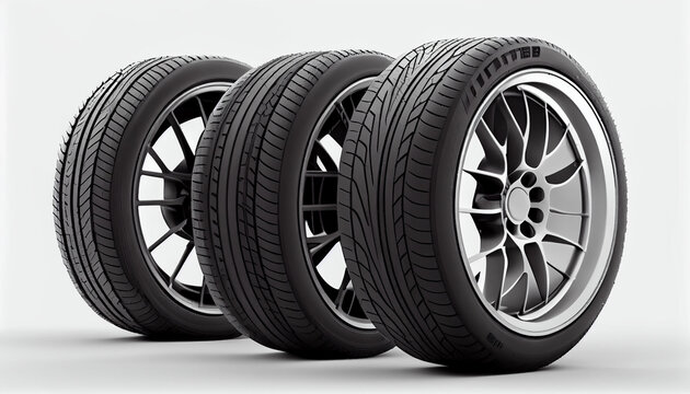 New realistic group of car tires on White background Ai generated image