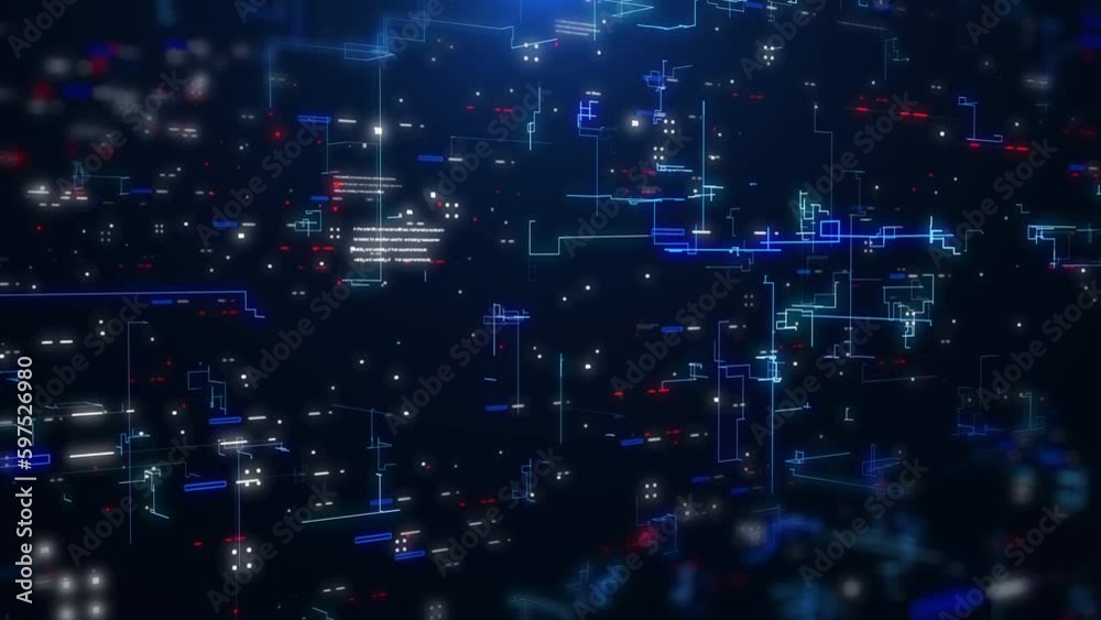 Aufkleber technology background of data network connection perspective, landscape fly through on blue cyberspa
