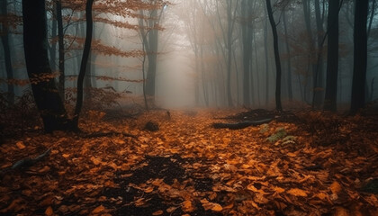Autumn forest mystery spooky beauty in nature generated by AI
