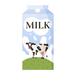 Milk package on white background. Milk package design with cute cow on green hill. Vector illustration