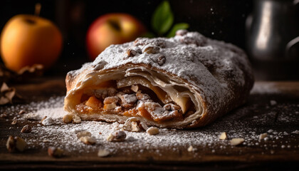 Freshly baked apple strudel on rustic wood table generated by AI