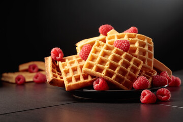 Belgian waffles with raspberries on a black background.