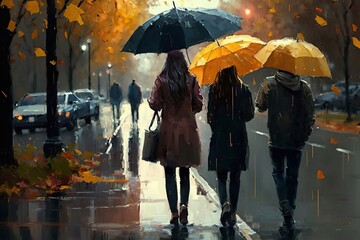 People walk on the street on a rainy day