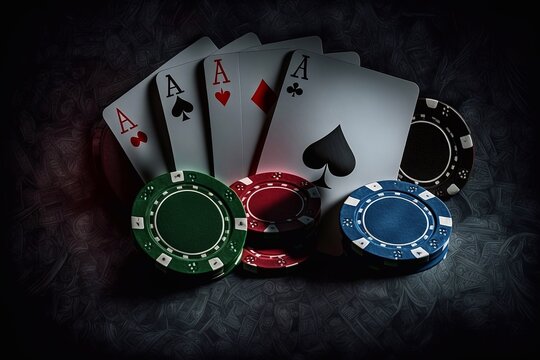 Poker chips and poker combinations of aces on cards on a dark background