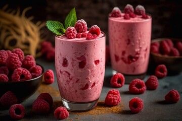 Raspberry smoothies and lots of raspberries around. Healthy lifestyle concept