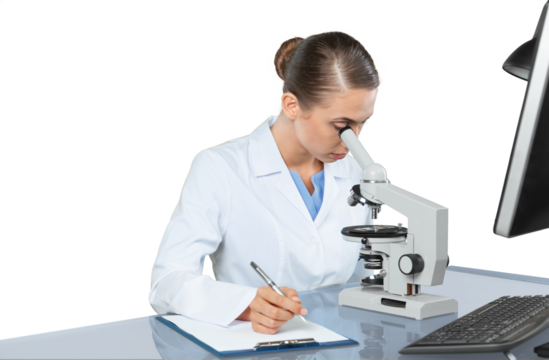 Young Female Scientist Working with Microscope on white background