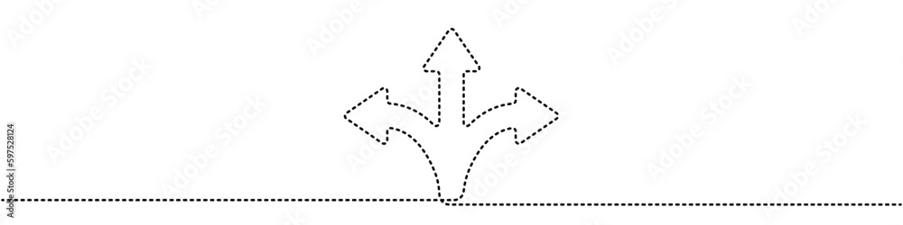 Poster one continuous drawing of arrows in three directions vector. dotted linear multidirectional arrows v