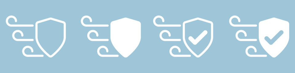 Wind shields vector set. Set of shields icons with air flow. Set of flying shields vector. Shield with a check mark.