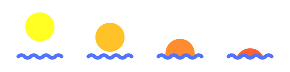 Sunrise and sunset over waves vector. Set of vector weather icons. Sun over water vector.