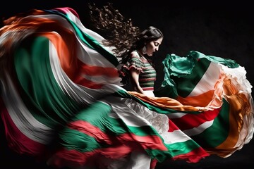 The girl dances in a dress in the colors of the Mexican flag