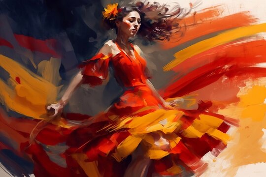 The girl dances in a dress in the colors of the Spanish flag