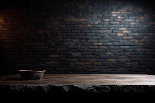 brick wall with blurred background with empty wooden table with free space for product display and mockup, copy space, small depth of field, ai generated – human enhanced