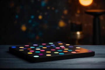 Fototapeta premium Colorful lights and dots with blurred background with empty wooden table with free space for product display and mockup, copy space, small depth of field, ai generated – human enhanced