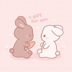 Couple of cute rabbit in kawaii cartoon style and pastel colors. Bunny giving gift. Vector postcard for valentine's day, wedding, birthday, social media, print and web site
